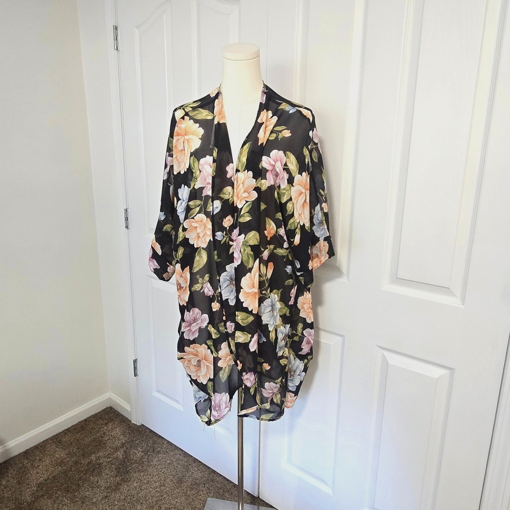 Impressions Kimono Cardigan Womens XL Black Floral Sheer Open Front Boho Coverup
